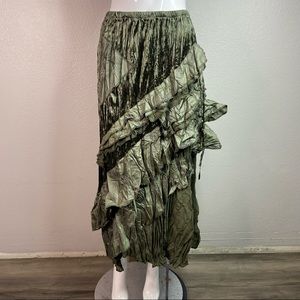 Surrealist olive Crinkle Tiered Velvet Maxi Skirt